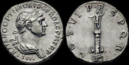 Traiano, denario, Colonna Traiana - Roma 115 d.C.